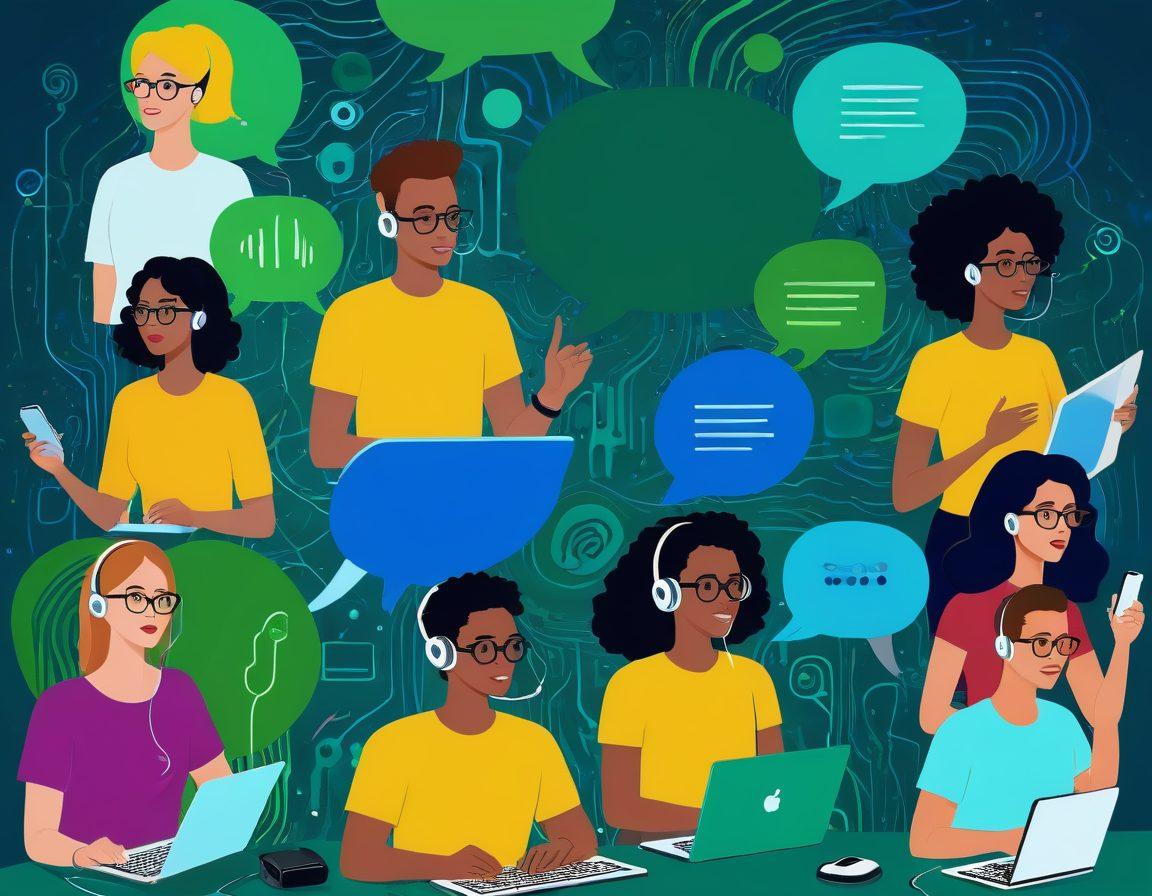 A vibrant digital landscape featuring diverse individuals passionately sharing stories through various digital mediums—like podcasts, blogs, and videos. Incorporate visual elements like microphones, laptops, and creative illustrations of speech bubbles. The background should be a blend of colors symbolizing community and creativity, with abstract shapes representing the flow of ideas. Include subtle hints of technology, like circuit patterns. super-realistic. vibrant colors. 3D.